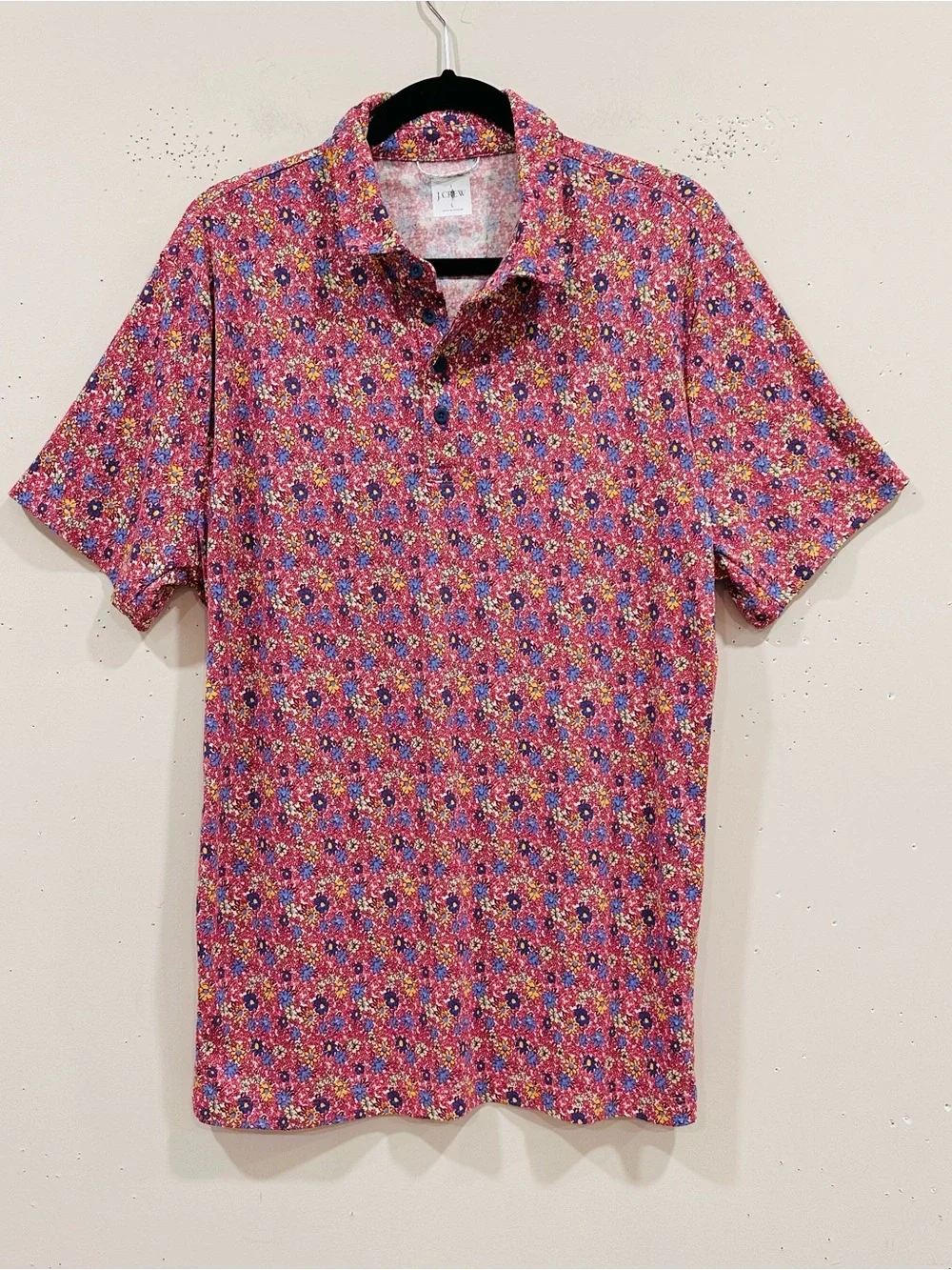 J. Crew Oarsman Men's Polo Shirt Floral All Over Print Short Sleeve Pink Blue L
